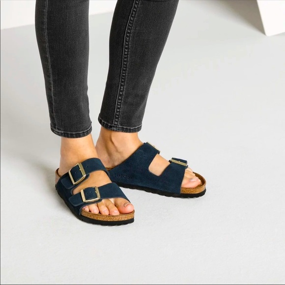 Birkenstock | Shoes | Blue Navy Gold Buckle Arizona Birkenstock 38 Soft  Footbed | Poshmark